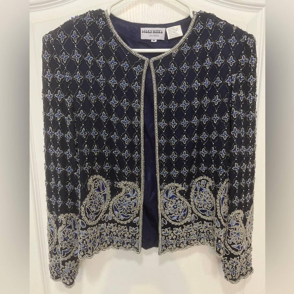 Vintage 1980’s Silky Nites Stunning Beaded Navy Blue Silk Evening Jacket, Size M - Picture 3 of 12